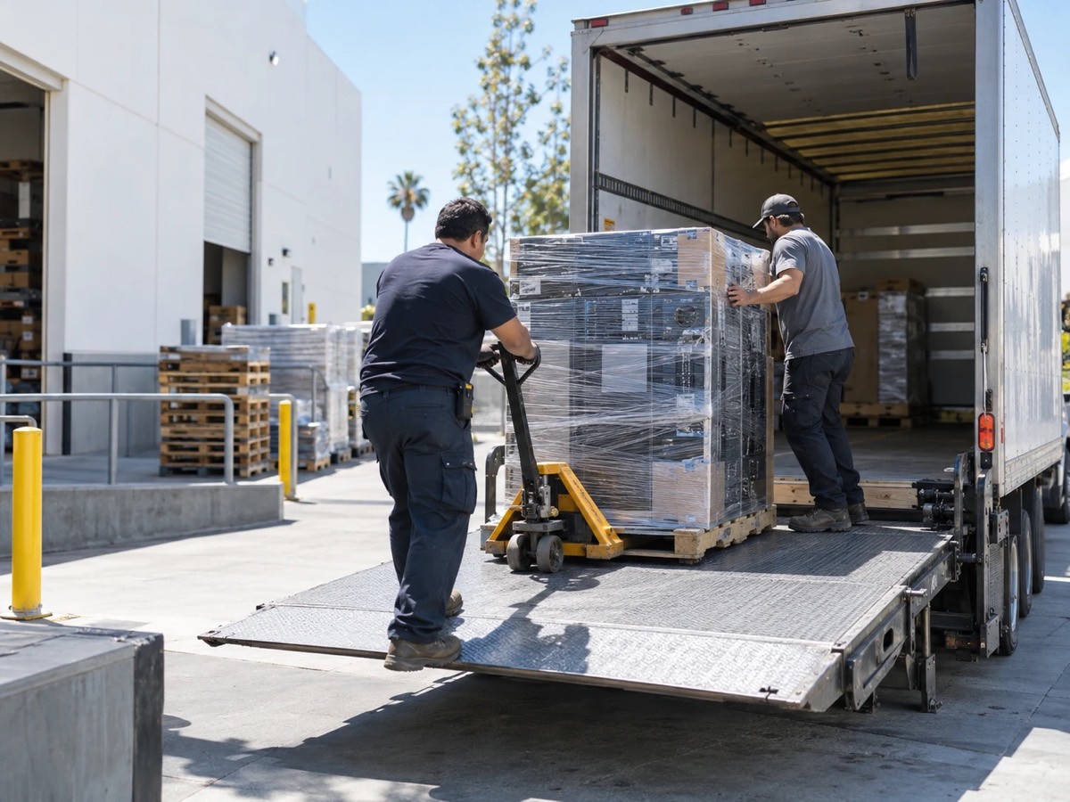 Two workers loading a wrapped pallet of IT equipment onto a box truck liftgate