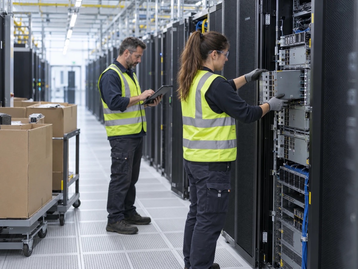 Two technicians removing a line card from a network chassis in a data center