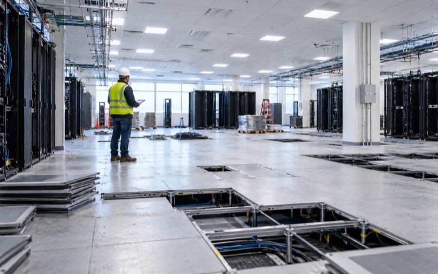 Project manager surveying a partly emptied data center hall