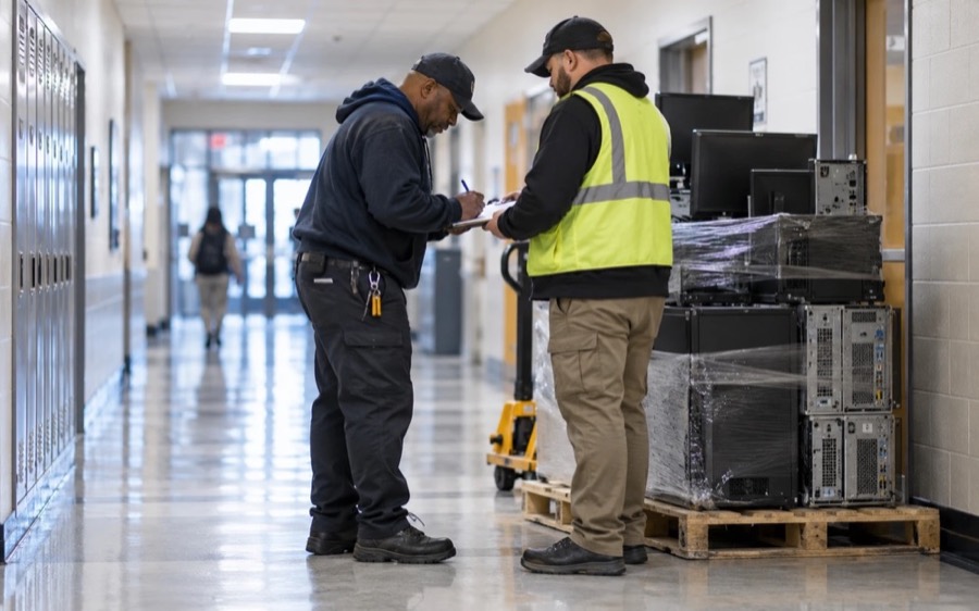 Facilities staff signing a pickup form beside palletized computers