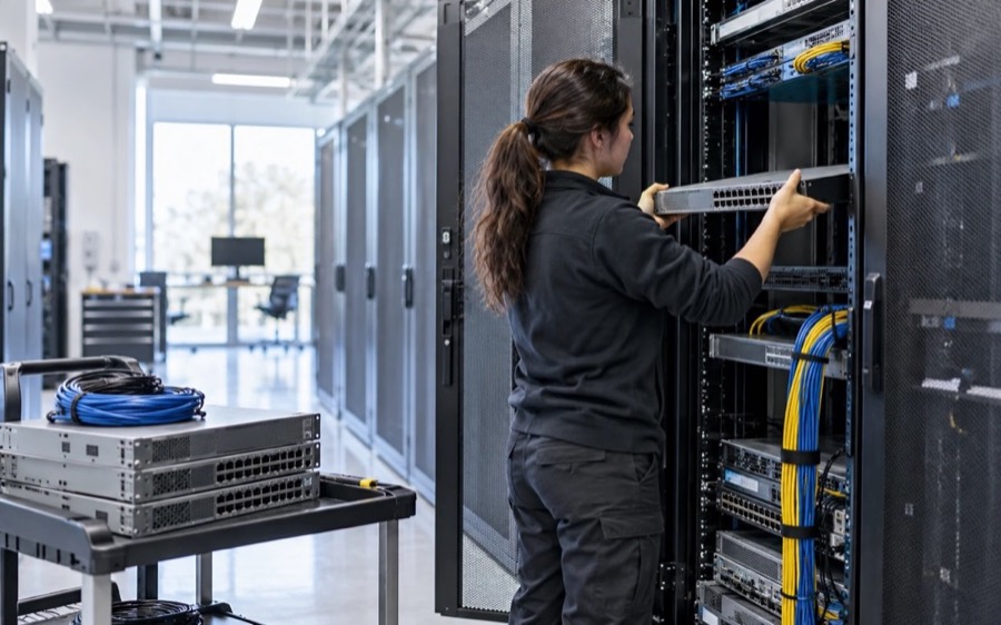Network engineer installing a switch beside a cart of replaced equipment