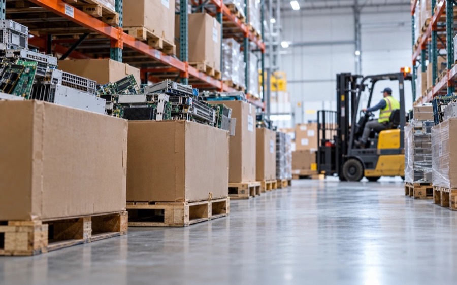 Warehouse aisle with boxes of circuit boards and a forklift